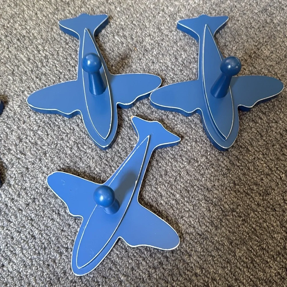 Blue Kids Wood Wall Hook Set Aeroplane wall pegs (by The Land of Nod)